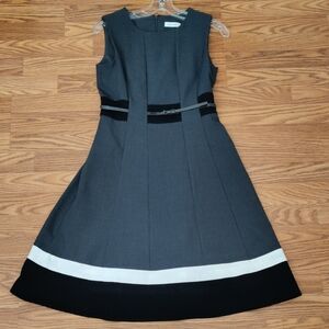 Calvin Klein Gray Sleeveless Fit-and-Flare Dress with Black & White Bands